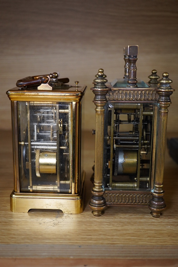 A French brass repeating carriage clock, together with another enamelled dial carriage clock, both with keys, tallest 15cm. Condition - not tested